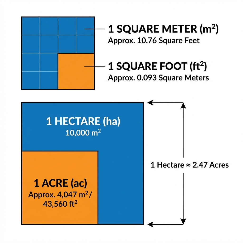 Area Unit Comparison: Sq Meter vs Sq Foot vs Acre